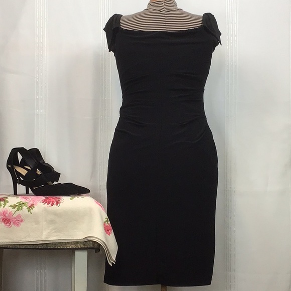 Lauren Black Ruched Lined Jersey with Cap and Bow Sleeves Cocktail Dress - Picture 6 of 16